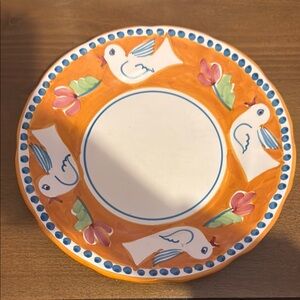 Vietri Orange Ceramic Plate with Bird and Flower Design